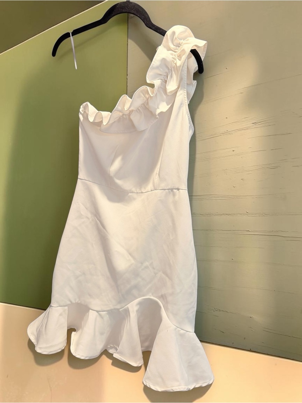 TCEC White One Shoulder Mini Dress Small Ruffle Hem